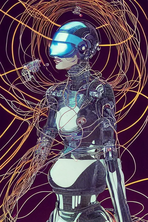 Prompt: A beautiful woman wearing a cybernetic helmet with many wires plugged into is and in her body by Moebius and Rahzzah