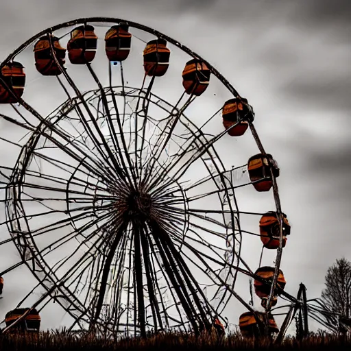 Prompt: an old abandoned rusty ferris wheel, in a town filled with pale yellow mist. Dystopian. Award-winning colored photo. Sigma 40mm f/1.4 DG HSM