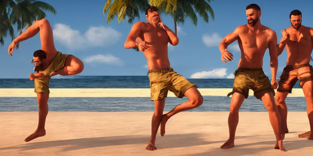 Image similar to 'dos hombres sin camisa llevando shortes bailando en la playa de San Juan, golden hour, photorealistic, extreme detail, octane render, artstation, unreal engine'