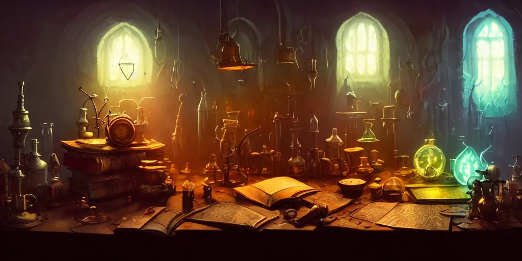 Prompt: cluttered, table, wizards laboratory, greg rutkowski, mortar, pestle, glowing powder, compass, alembic, stream of flowing light, thick book of spells, beakers of colored liquid, tony sart