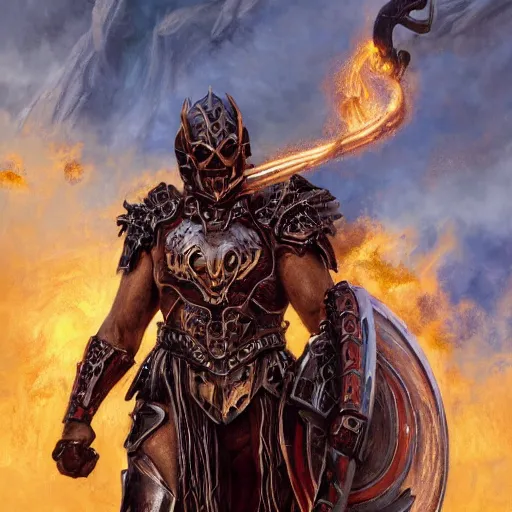 Image similar to A Demon Clad in Gladiator Armor with a firey halo, detailed, centered, digital painting, artstation, concept art, donato giancola, Joseph Christian Leyendecker, WLOP, Boris Vallejo, Breathtaking, 8k resolution, extremely detailed, beautiful, establishing shot, artistic, hyperrealistic, beautiful face, octane render, cinematic lighting, dramatic lighting, masterpiece