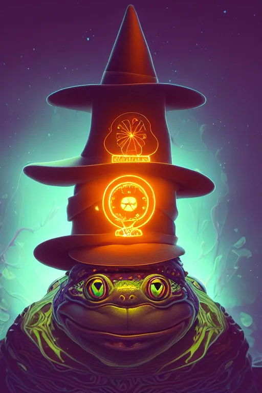 Image similar to Bioluminescent, portrait of frog wearing wizard hat, very intricate , trending on artstation , very elegant, in the golden hour by Dan Mumford and Moebius and Daniel Merriam, Trending on Artstation, oil on Canvas by Elena Zhurikhina and Goro Fujita and Charlie Bowater, octane render, 4k, 8k, HD