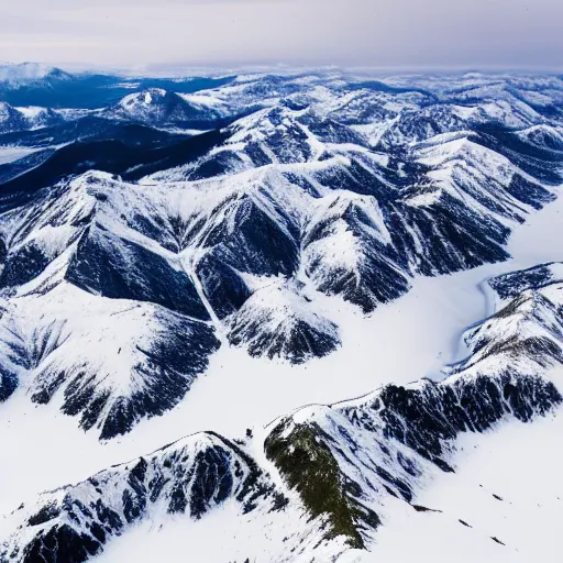 Prompt: Top view of a snowy mountains