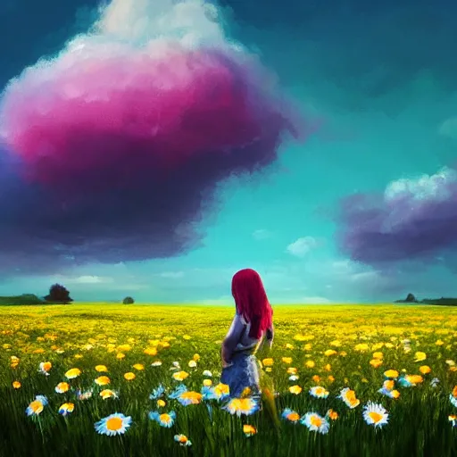 Image similar to full body girl standing in a flower field, her head is hidden behind the huge daisy flower,. surreal photography, sunrise, dramatic light, impressionist painting, colorful clouds, digital painting, artstation, simon stalenhag