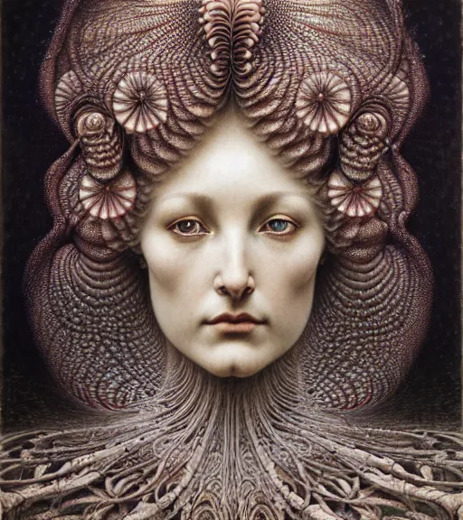 Prompt: detailed realistic beautiful almandine goddess face portrait by jean delville, gustave dore, iris van herpen and marco mazzoni, art forms of nature by ernst haeckel, art nouveau, symbolist, visionary, gothic, neo - gothic, pre - raphaelite, fractal lace, intricate alien botanicals, biodiversity, surreality, hyperdetailed ultrasharp octane render