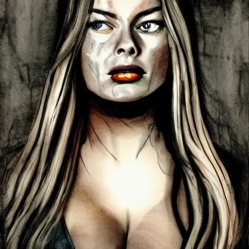 Prompt: grunge drawing of margot robbie in the style of the grudge