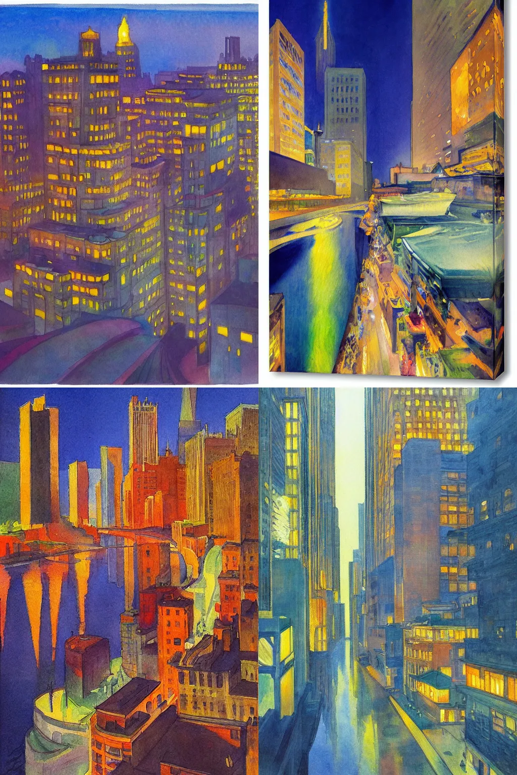 Prompt: grand river watercolor andrew henderson, impressionist watercolor strokes painting, surrealist exaggerated city skyscrapers light up the night by Pablo Picasso, by Edward Hopper, by Jean Giraud, 1942, fisheye lens