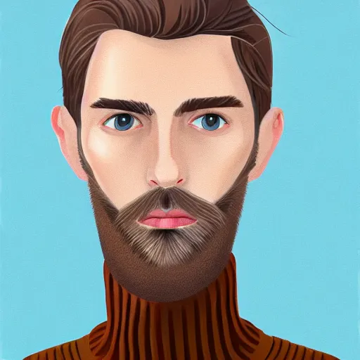 Image similar to gangly man with short light brown wavy hair, light brown stubble thin beard, no mustache, English heritage, blue eyes, middle aged, wearing a turtleneck and jacket, pale skin, narrow face, digital art, painterly, cartoon, cute, 8k, illustration, art by loish, painterly, trending on artstation, medium shot, uncropped