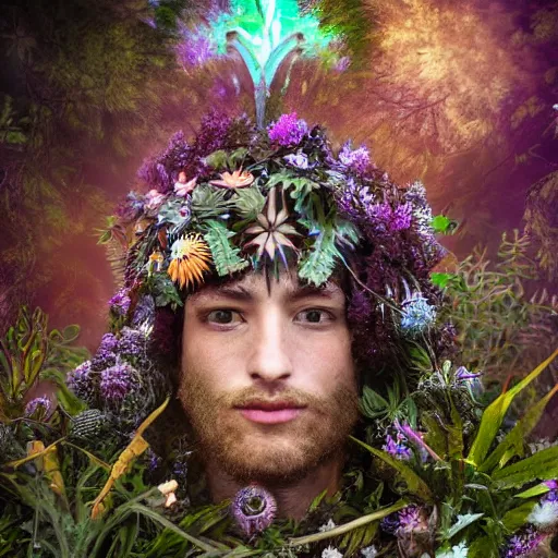 Image similar to a male knight, stern face, clear eyes, in a dark forest, shining armour made of steel and flowers, and fractal flowery hair in a fractal garden, glowing delicate flower, berries and ferns that grow in a dark fantasy forest, clear face, peaceful face, half figure shot,