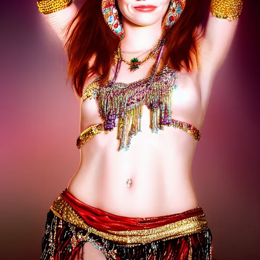 Prompt: a digital portrait of emma stone dressed as a belly dancer, arabian night, high quality, fully detailed, 4 k, in focus face with fine details