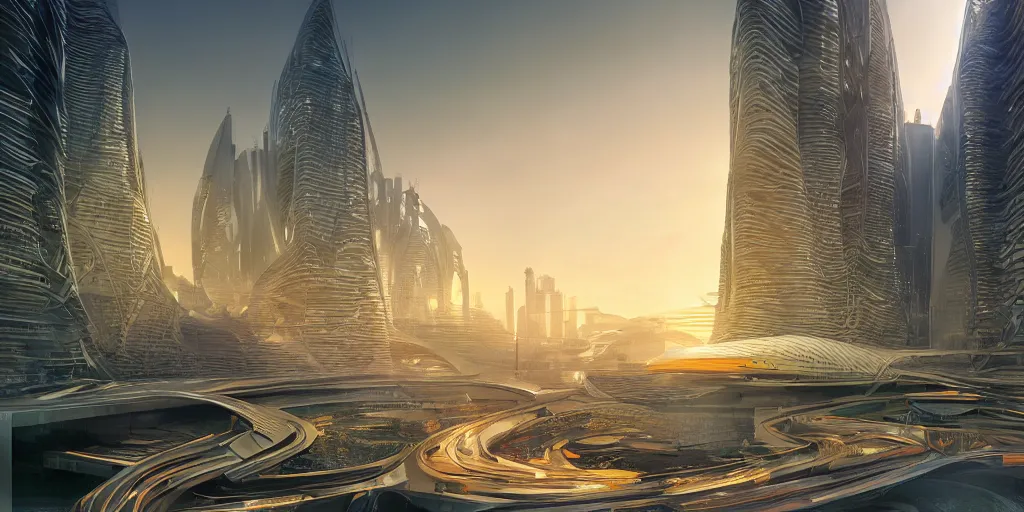 Image similar to a beautiful hyper realistic photograph, octane render, architectural render of utopia megaestrutura of cyberpunk, by norman foster + zaha hadid, extremely detailed, chartpak ad markers, pastel color, yellow and orange color scheme, 8 k,