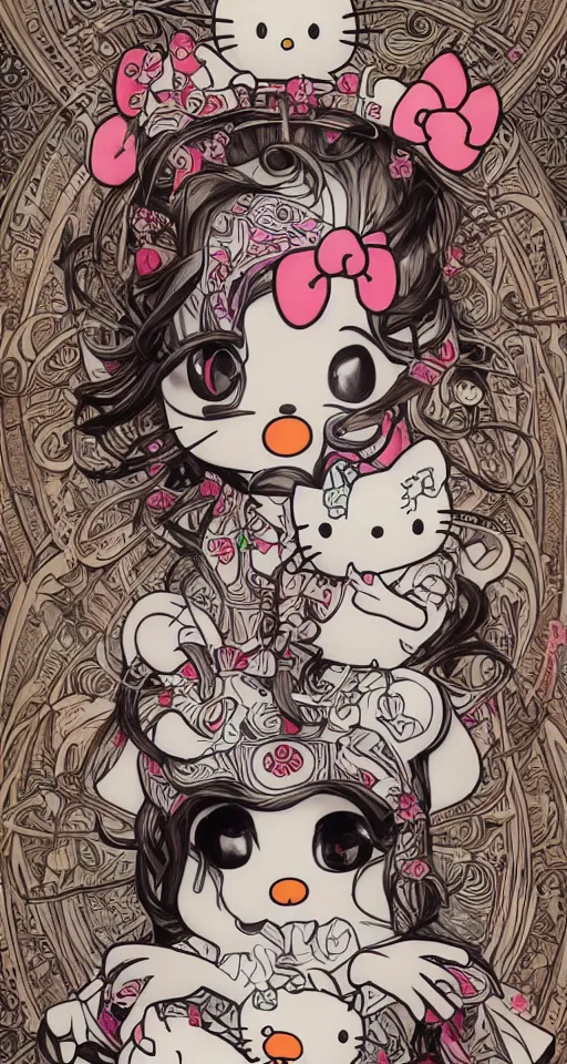 Prompt: hello kitty by artgerm and H R Giger and alphonse mucha
