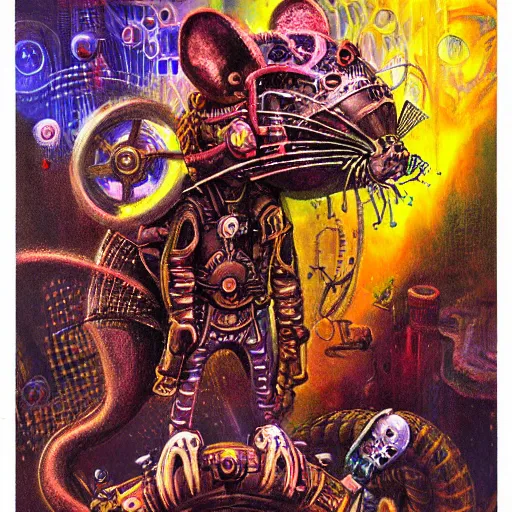 Image similar to steampunk rat, acid, 303, psychedelic, by paul lehr