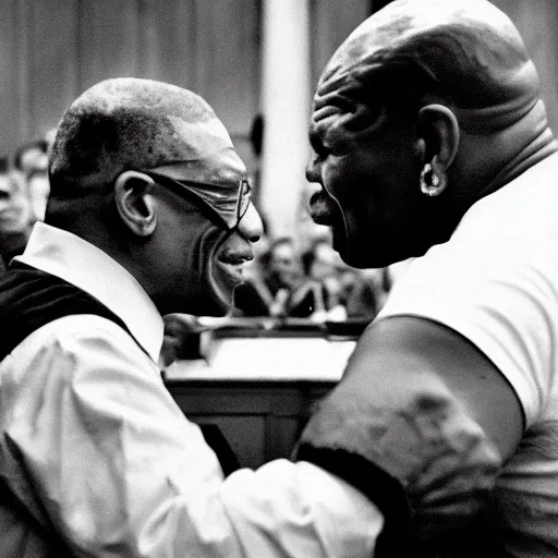 Image similar to Ruth Bader Ginsburg arm wrestling Mike Tyson, 4k, photo realistic, by Ansel Adams