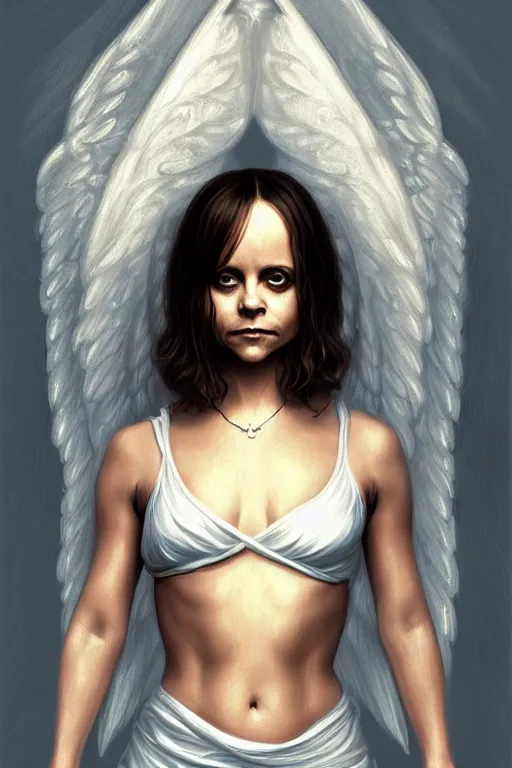 Image similar to Full body potrait of Christina Ricci as an angel doing yoga , angel is split in two with smoke, fantasy, intricate, elegant, highly detailed, digital painting, artstation, concept art, smooth, sharp focus, illustration, art by Ilja Repin