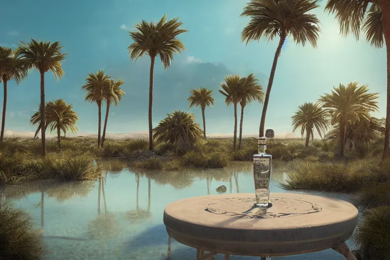 Image similar to perfume bottle buried in oasis in the middle of a desert, dramatic, small pond middle frame, palm trees, bushes, mid day, sand dune background, large scale, hyperrealistic, lots of detail, realistic lighting, octane render, by wlop, artgerm, trending on artstation