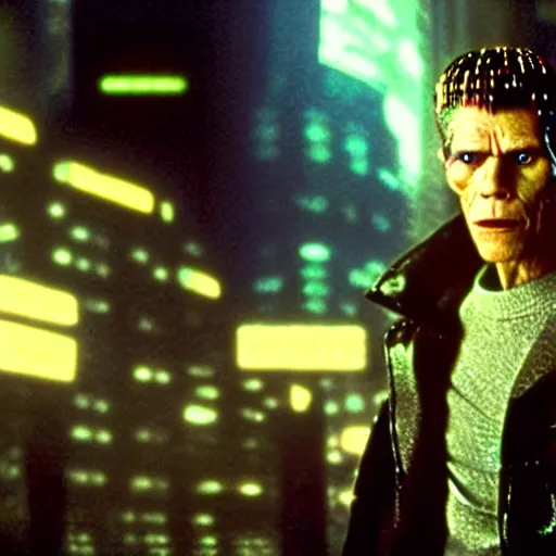 Prompt: william dafoe as a cyborg in a cyberpunk story in a distopic futuristic city in the style of bladerunner, movie still, highly detailed