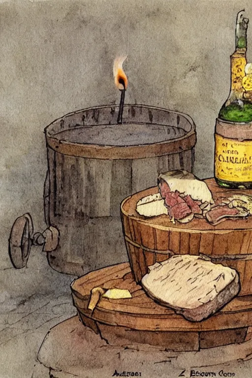 Image similar to pork, meat, schnapps, cheese, candle on a barrel in a cellar, watercolor painting by anderz zorn and carl larsson