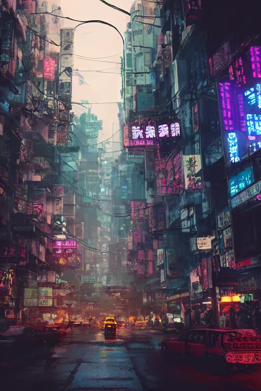 Prompt: cinematic photo of ancient overgrown cyberpunk hong kong with cars and people, flying cars in the sky, holograms, night, rain, flowers, beautifully lit, hyperdetailed, unreal engine, photorealistic, denis villeneuve film look, blade runner set