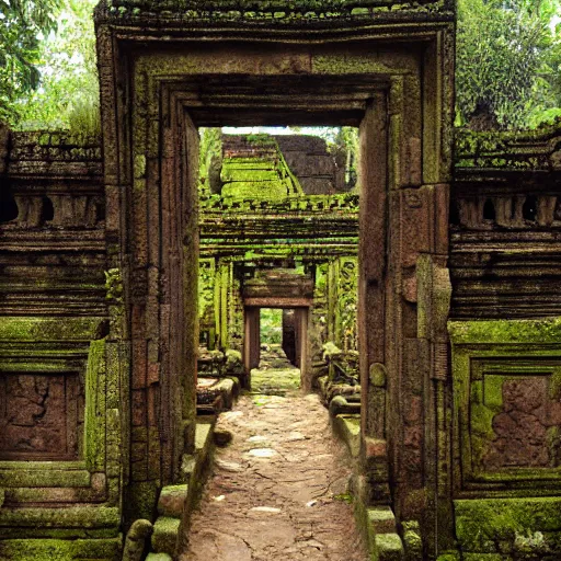 Image similar to candi bentar, javanese split gateway. fantasy concept art. overgrown, mossy, cracked and worn