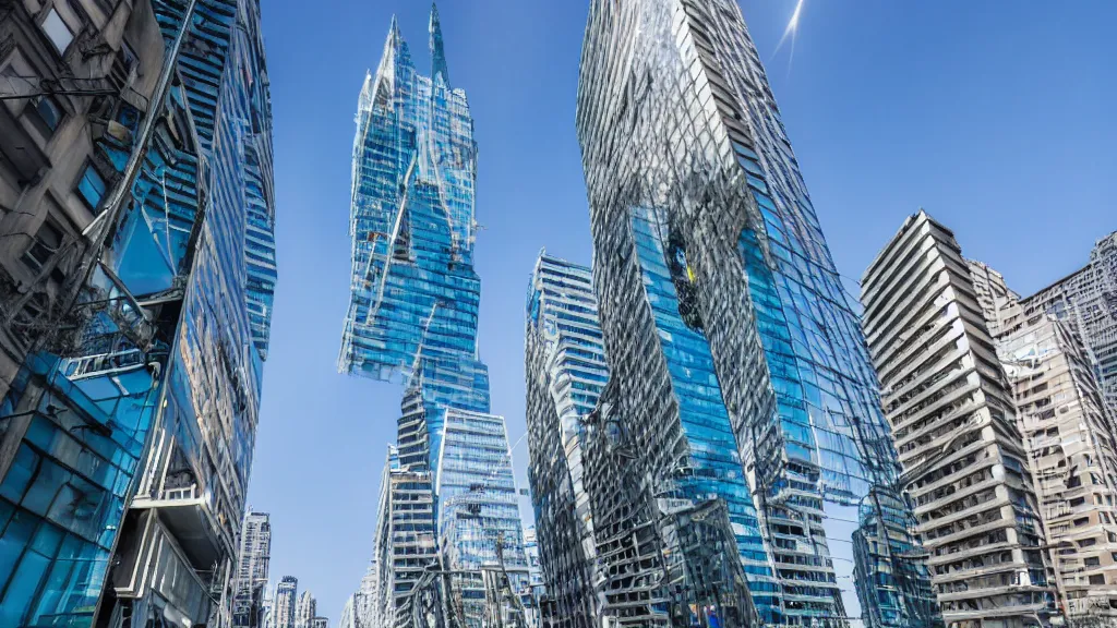 Prompt: a high detailed astonishing wide lens street photo, skyscrappers are melting on the sun, melted glass and steel on the street, award winning architectural photography, 8 k, hyperreal