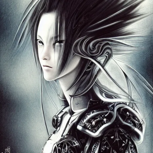 Image similar to Yoshitaka Amano realistic illustration of an anime girl with black eyes, wavy white hair fluttering in the wind and cracks on her face wearing Elden ring armour with engraving, abstract black and white patterns on the background, noisy film grain effect, highly detailed, Renaissance oil painting, weird portrait angle, blurred lost edges, three quarter view