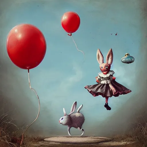 Image similar to surrealism grunge cartoon landscape painting of a cartoon bunny and a red balloon by - michal karcz, loony toons style, pennywise style, horror theme, detailed, elegant, intricate