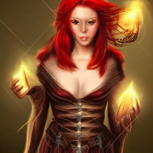 Prompt: beautiful female sorceress, dungeons and Dragons, red hair, glowing eyes, photoreal