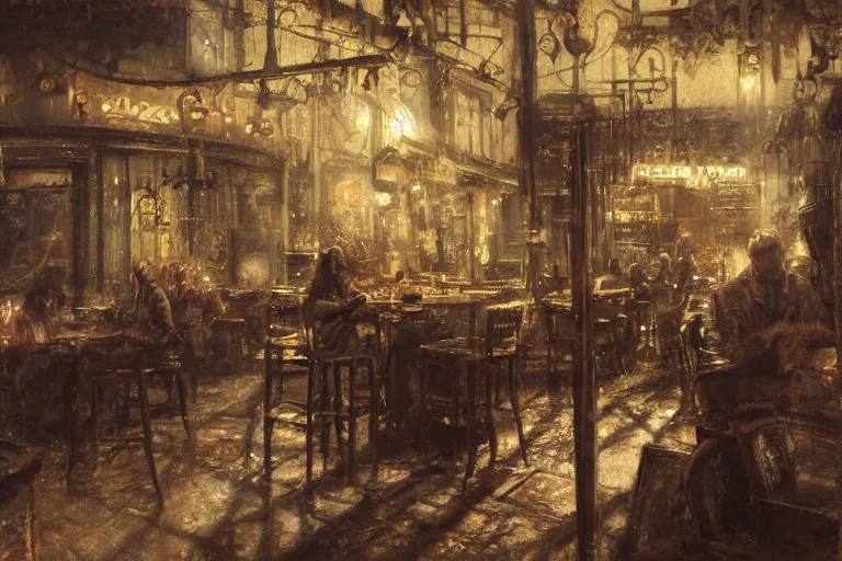 Prompt: An empty jazz cafe, moody scene, highly detailed, intricate, sharp details, dystopian mood, 1950 scene by gaston bussiere, craig mullins, somber lighting, drawn by Giacomo Burattini, inspired by graphic novel cover art