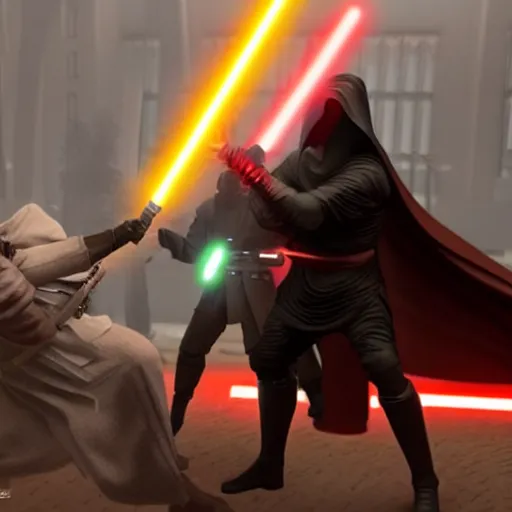 Prompt: A sith fighting a Jedi in the Jedi temple. Epic, cinematic lighting, dreary, other worldly.