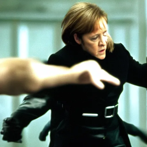 Image similar to Dramatic action shot of Angela Merkel dodging punch from Neo in the matrix movie