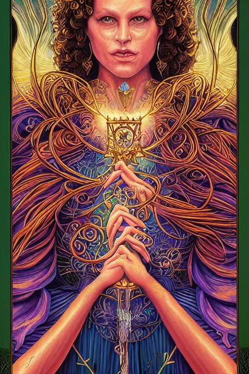 Prompt: beautiful tarot card of the queen of dreams by dan mumford and carol bak and alex grey, oil on canvas, intricate, border, symmetrical, portrait, 8k highly professionally detailed, HDR, CGsociety