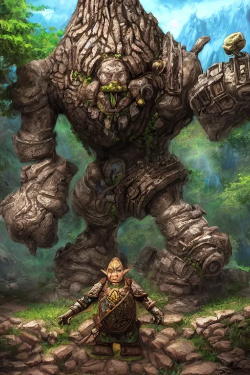 Image similar to zelda fantasy art giant golem troll wood rock greeble gemstone, global illumination ray tracing hdr fanart arstation by sung choi and eric pfeiffer and gabriel garza and casper konefal