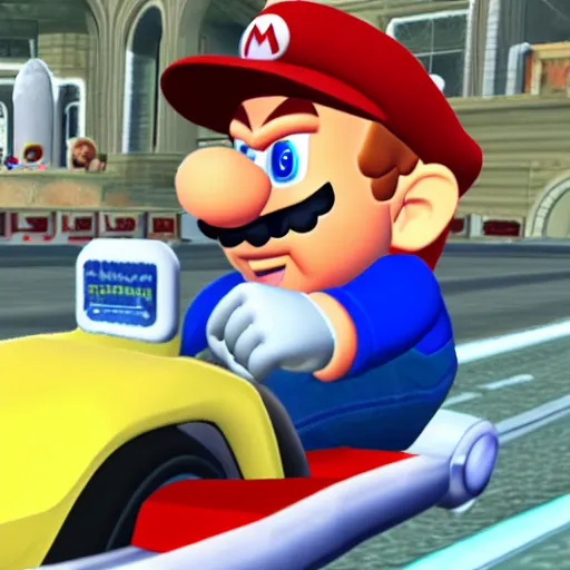 Image similar to Bernie Sanders playing Mario Kart, game screenshot