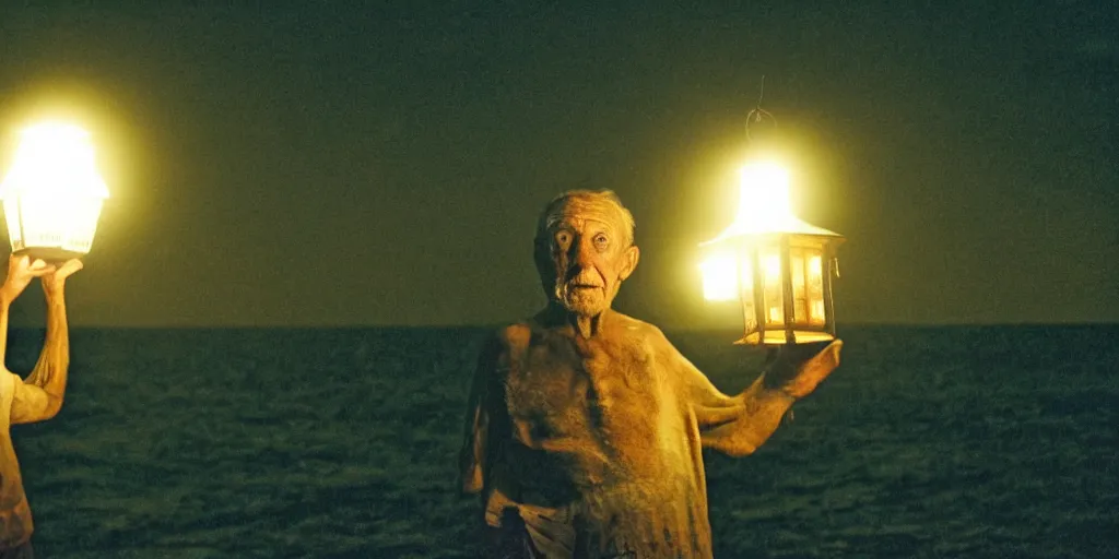 Image similar to film still of closeup old man holding up lantern by his beach hut at night. pirate ship in the ocean by emmanuel lubezki