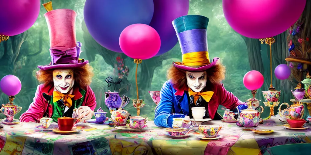Prompt: The Mad Hatter teaparty, Alice in wonderland, colorful, wide angle, super highly detailed, professional digital painting, artstation, concept art, smooth, sharp focus, no blur, no dof, extreme illustration, Unreal Engine 5, Photorealism, HD quality, 8k resolution, cinema 4d, 3D, beautiful, cinematic, art by artgerm and greg rutkowski and alphonse mucha and loish and WLOP