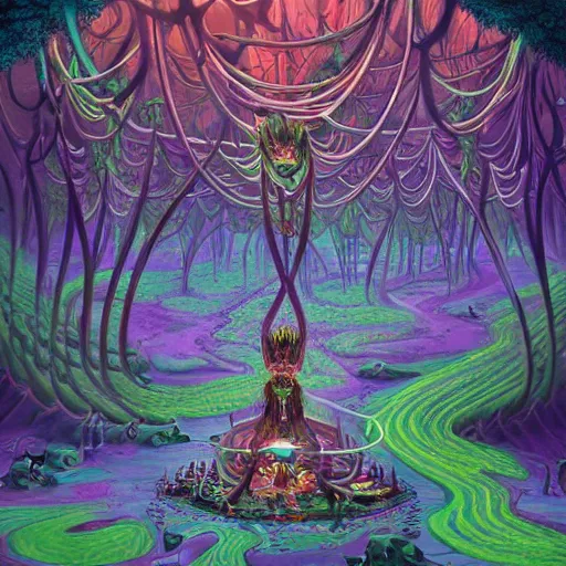 Image similar to dmt-machine-elves by artist-Nathan-Spoor, crawling across the circus floor, climbing up the winding trees