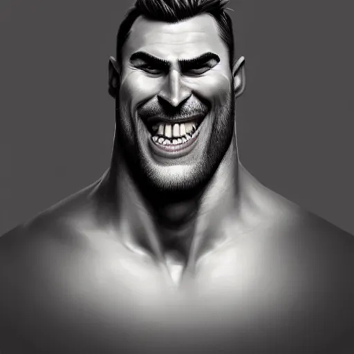 Prompt: Extremely funny face of very manly Gigachad with very big jaws, big eyebrows, smile like trollface jaw tilted on side, painting on grey scale face, powerful , magic, thunders, dramatic lighting, intricate, wild, highly detailed, digital painting, artstation, concept art, smooth, sharp focus, illustration, art by artgerm and greg rutkowski and alphonse mucha, footage