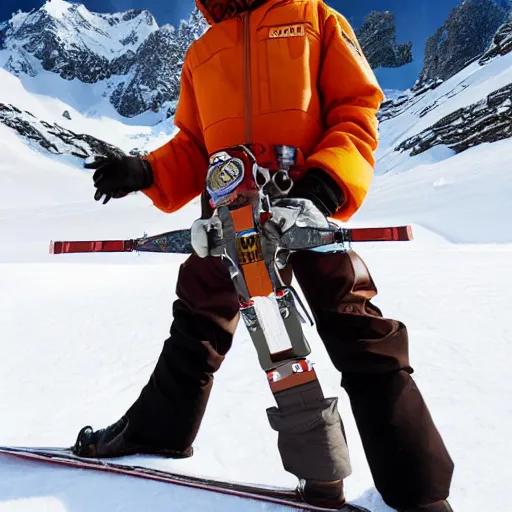 Image similar to skier wearing poe x - wing pilot helmet and a camel poncho, highly detailed, high definition, ultra realistic