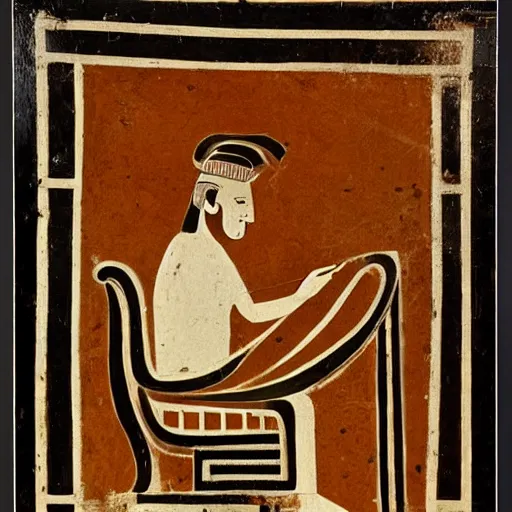 Prompt: photo of an anceint greek vase depicting a man playing games on his computer with his back hunched, 4 k, award winning photograph, museum photograph, highly detailed