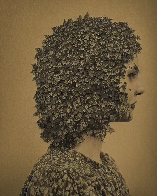 Image similar to a woman's face in profile, covered in intricate decorative ivy, in the style of the dutch masters and gregory crewdson, dark and moody