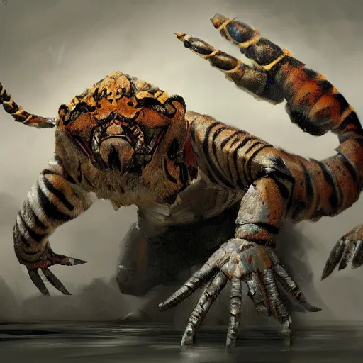 Image similar to tiger - crab creature in the style of craig mullins, ruan jia, kentaro miura, greg rutkowski, loundraw