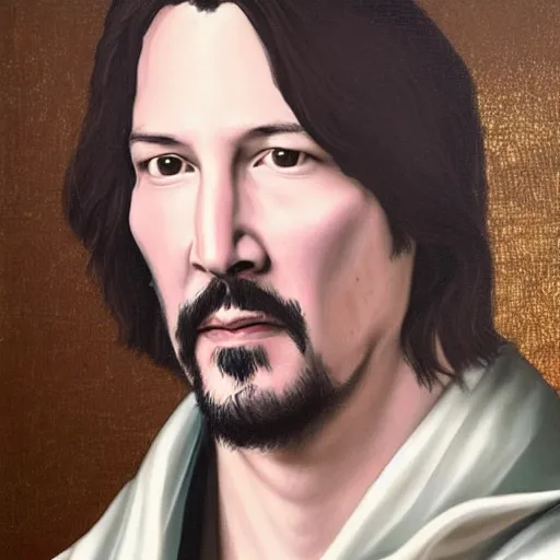 Image similar to a renaissance style portrait painting of Keanu Reeves