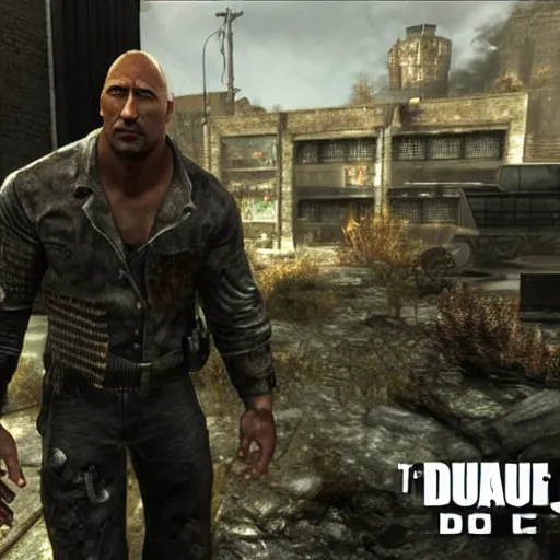 Prompt: dwayne the rock johnson, dwayne the rock johnson in the call of duty zombies map der reise, black ops 2 der reise, screenshot