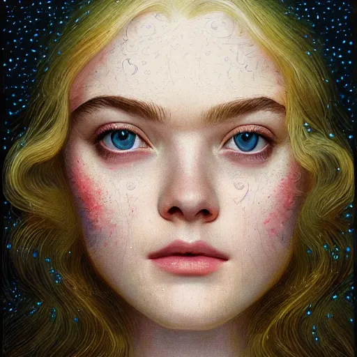 Image similar to professional painting of Elle Fanning in the style of James C. Christensen, head and shoulders portrait, symmetrical facial features, smooth, sharp focus, illustration, intricate, stormy weather, extremely detailed masterpiece,