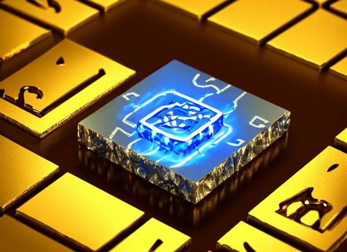Image similar to render of a single flat square magic golden computer chip with runes and a glowing blue crystal in the center, mana flowing around it and smoke on a flat background, product photo, macro, dynamic composition, hyperrealism, octane render, trending on artstation, unreal engine 5, 4 k, 8 k