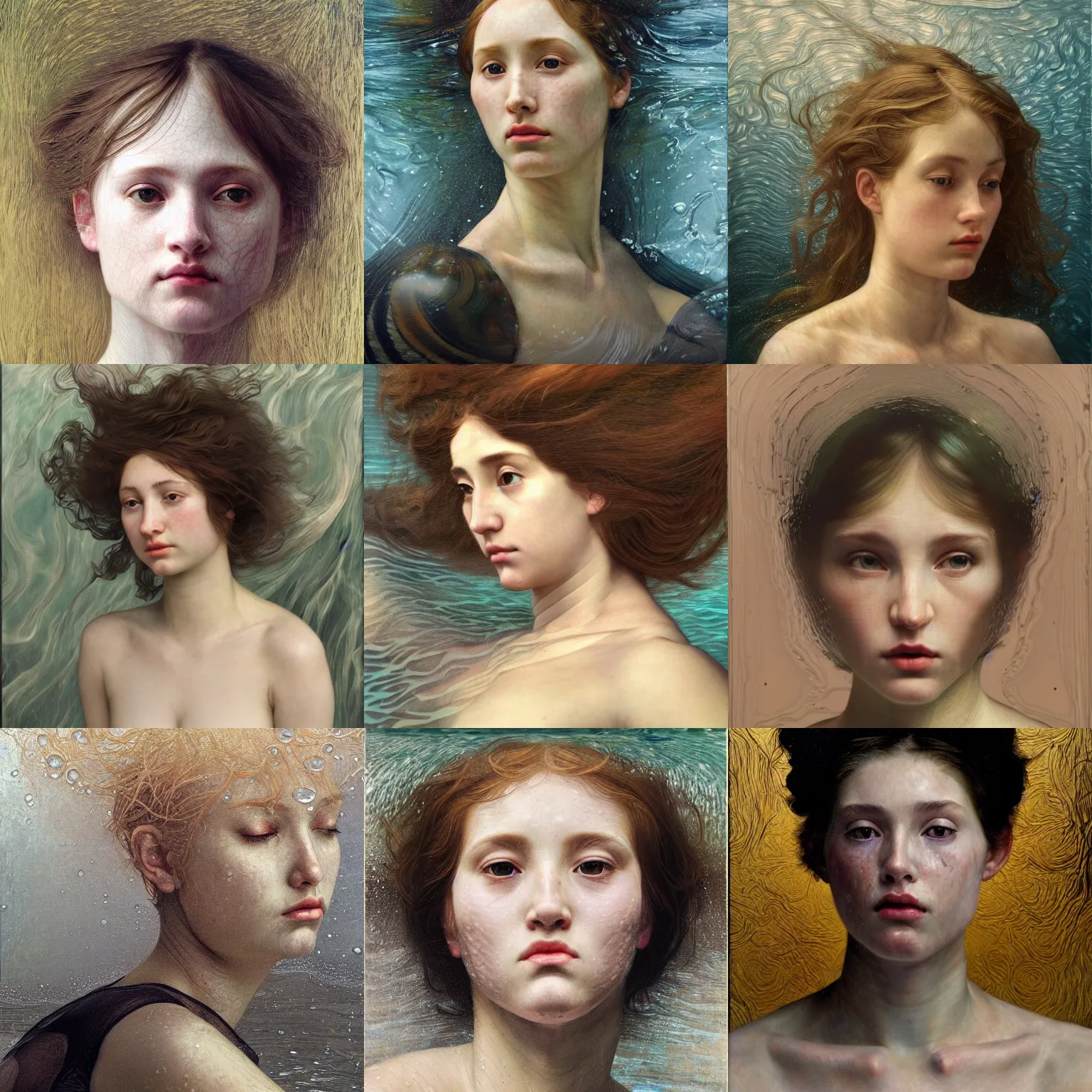 Prompt: hyperrealist female portrait underwater dark waves wet in the style of victo ngai lucian freud and bouguereau very detailed faces