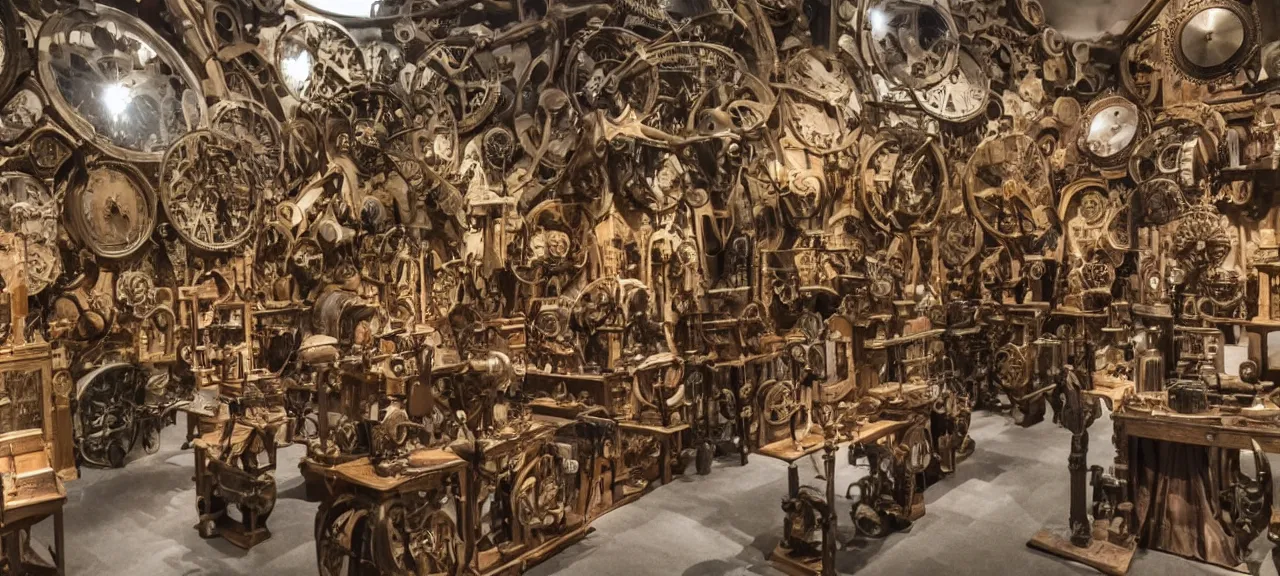 Image similar to A wide view into a Middle Ages Exhibition full of thousands of different detail old mechanical watches mechanisms, huge room of a old museum