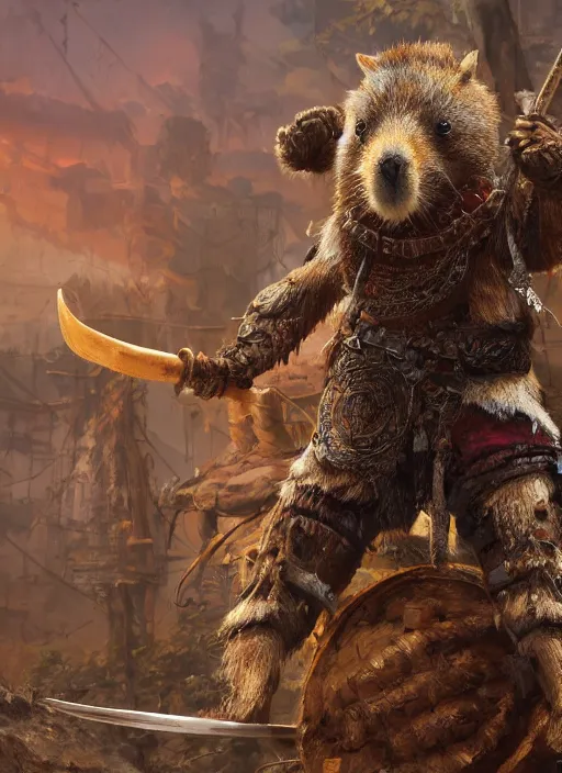 Image similar to detailed full body concept art illustration, oil painting on canvas of an anthropomorphic capybara barbarian in full intricate clothing, biomutant, dystopian, micro detail, octane render, 4K