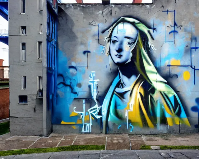 Prompt: spraypaint graffiti of renaissance art, on a wall, expressive, asymmetrical art, blue hour, highly detailed, concept art, dripping paint, hyperrealism, epic, art by seen ua and banksy and eduardo kobra and revok, artstation